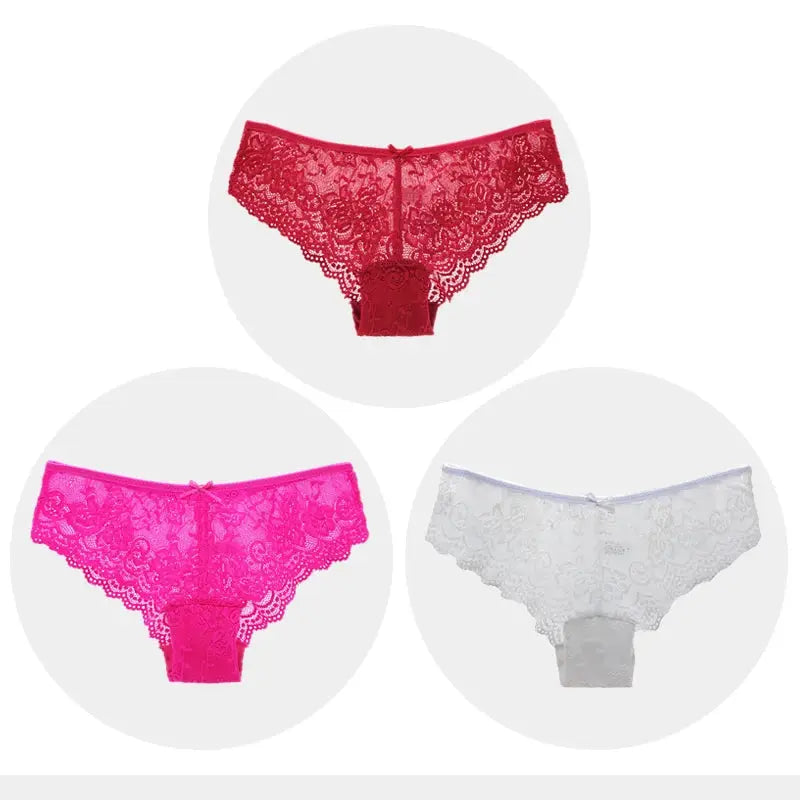 Women's lace panties set, 3pc; red, pink, and white low-waist, breathable full-lace briefs.