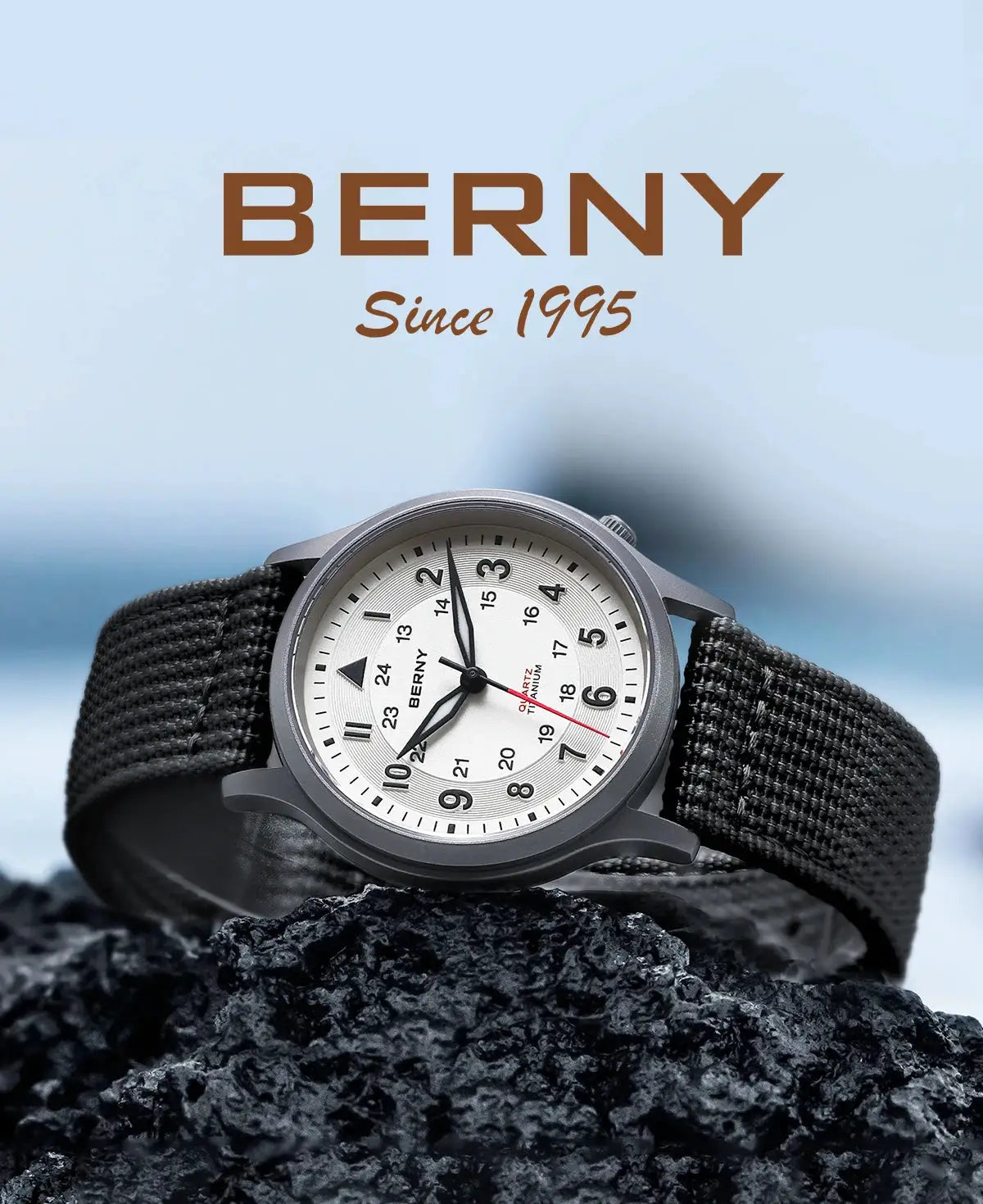 BERNY titanium men's field watch with white dial, black numerals, and black nylon strap