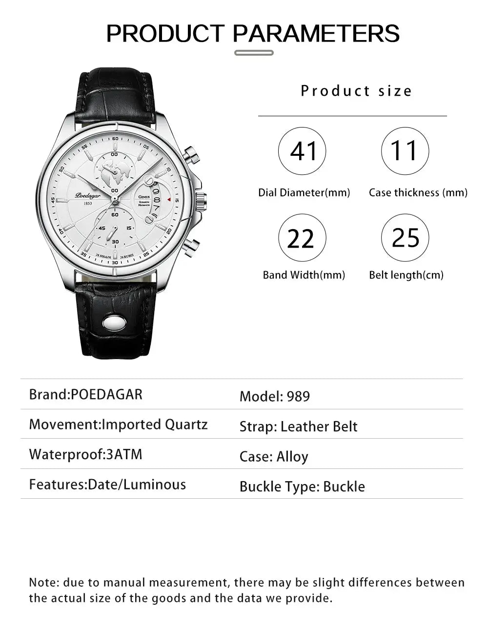 POEDAGAR luxury men's wristwatch with black leather strap and silver case, chronograph and date.