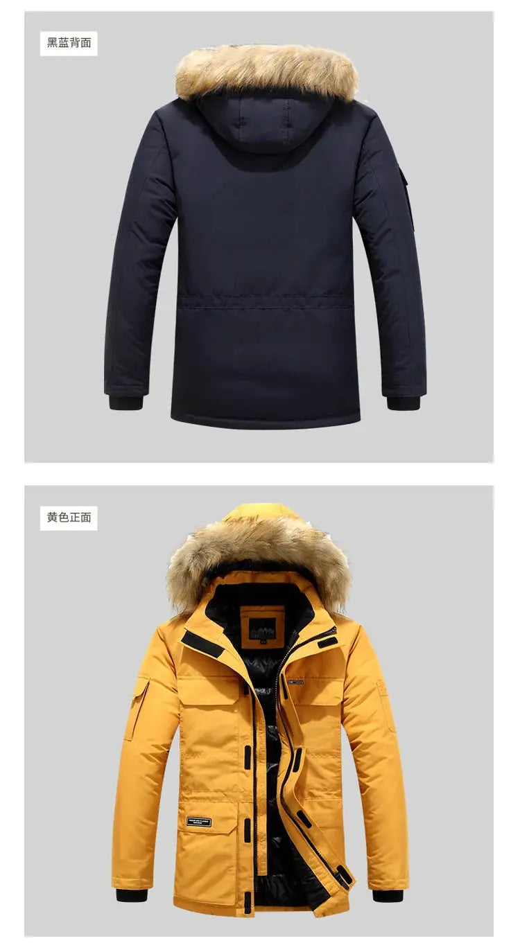 Two men's winter down parka coats: navy blue mid-length back-view and yellow fur-hooded parka