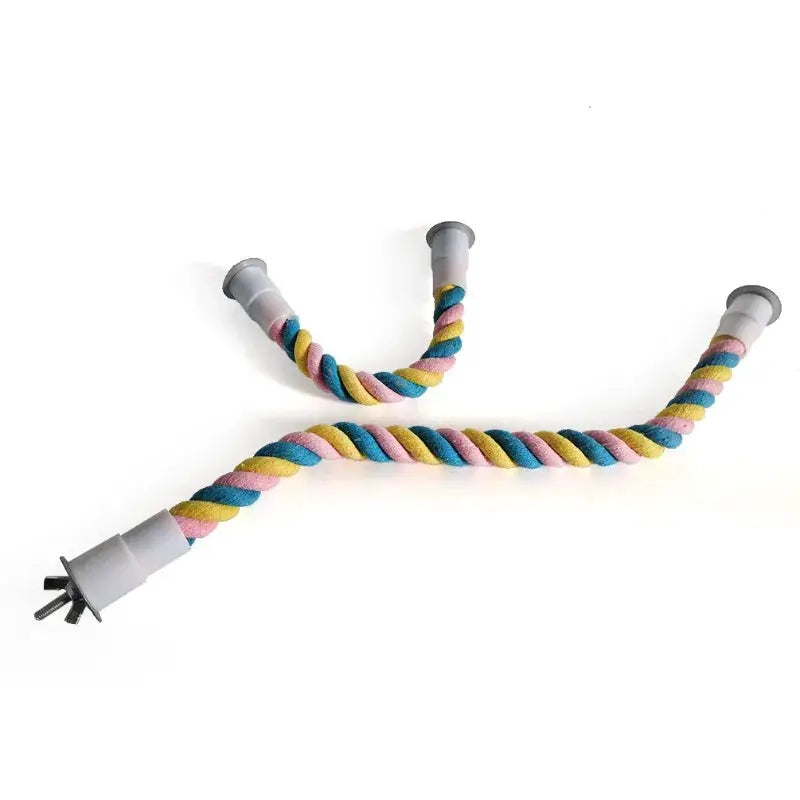 Parrot cotton rope toy, multicolor twisted rope with gray end caps, for bird cage swing and climbing.