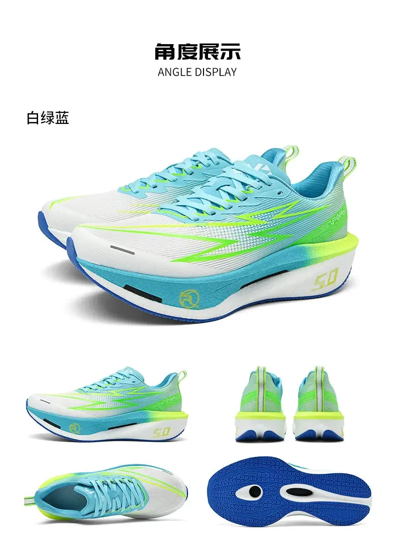Men's running shoes in white with light blue and neon green accents, breathable mesh upper and blue outsole