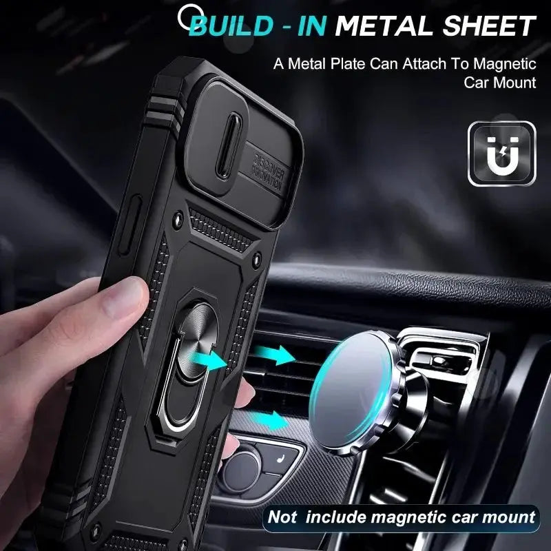 Heavy-duty iPhone case with 360° kickstand and built-in metal plate for magnetic car mount, black with camera protection