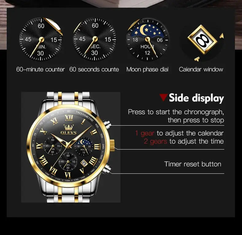 OLEVS two-tone stainless steel men's chronograph watch with lunar phase dial and date window