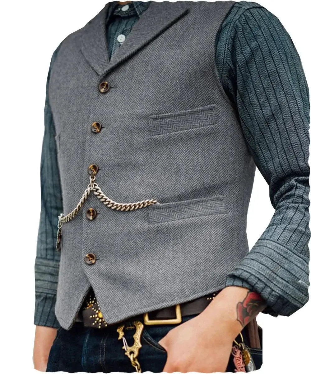 Wool tweed men's waistcoat by Simples Market, grey herringbone sleeveless vest