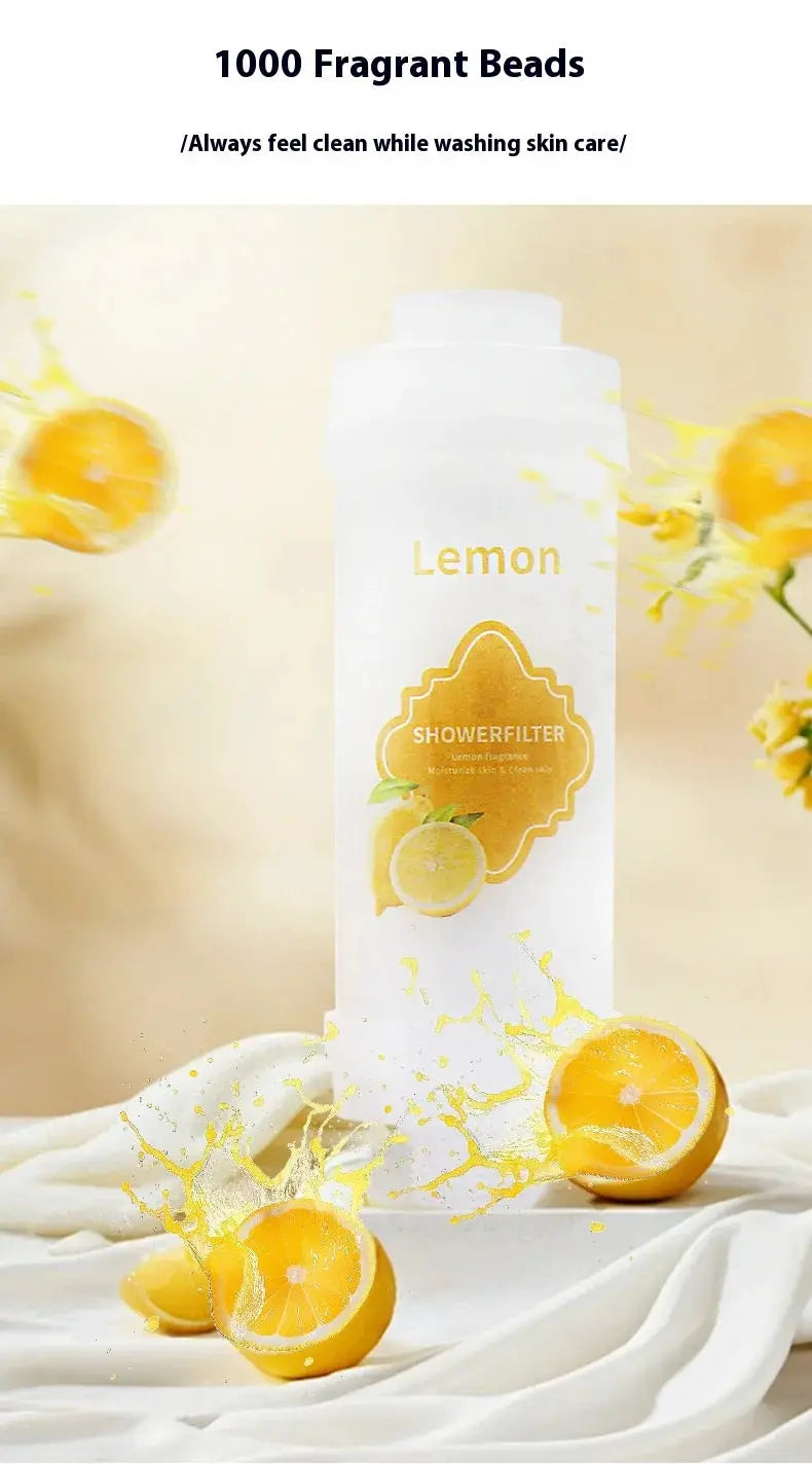 Shower filter bottle with lemon scent; water-softening purifier for bathroom.