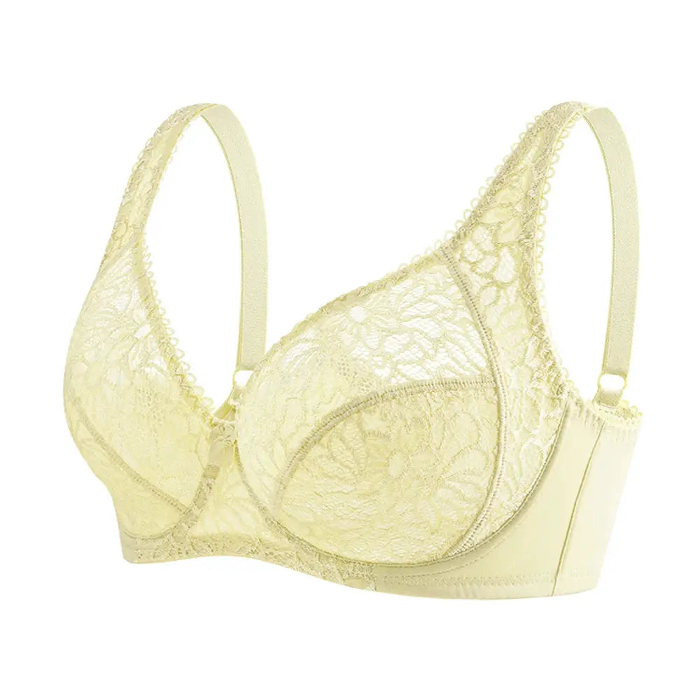 Simples Market plus-size lace bra, ivory-yellow underwire cups with floral lace