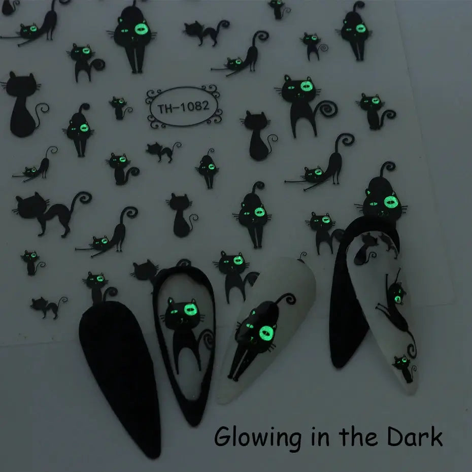 2pcs Simples Market black cat nail stickers with glow-in-the-dark green eyes, 3D self-adhesive decals for manicure