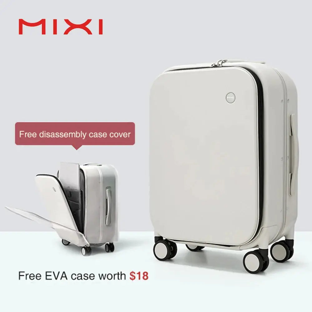 Mixi patent design aluminum frame carry-on suitcase by Simples Market, cream color cabin-size four-wheel luggage