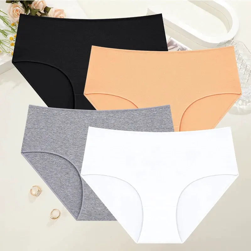Simples Market 4-piece plus-size cotton high-waist seamless panties set in black, peach, grey, white.