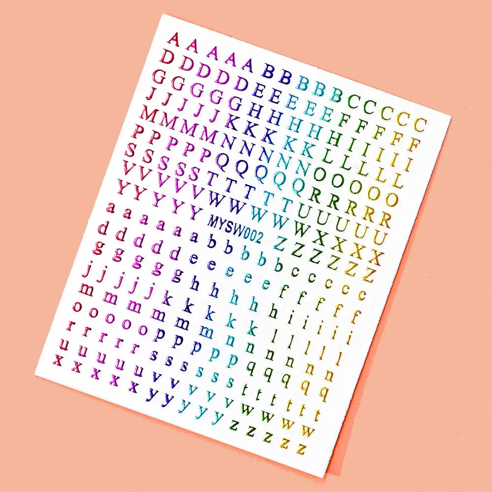 3D alphabet nail sticker sheet with colorful 26 English letters, self-adhesive manicure decals, 8×10 cm