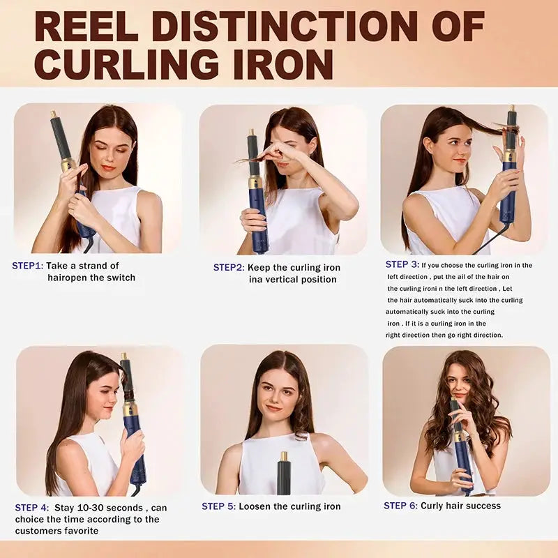 Simples Market 5-in-1 hair styler and ionic dryer with hot comb brush, blue with gold accents, shown with six-step styling guide