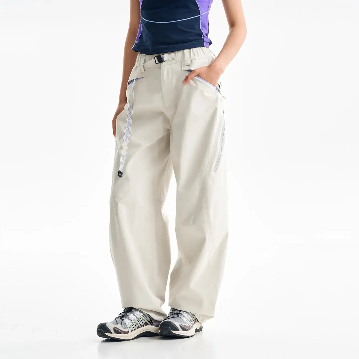 Ultra Loose Lightweight Outdoor Functional Pants in beige with wide legs and zippered cargo pockets