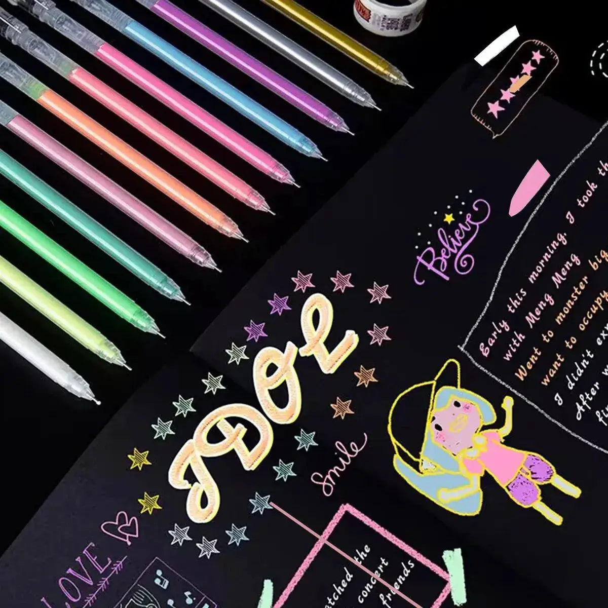 12-color gel pen set with fine 0.5mm tips; transparent barrels with pastel inks displayed on a black notebook