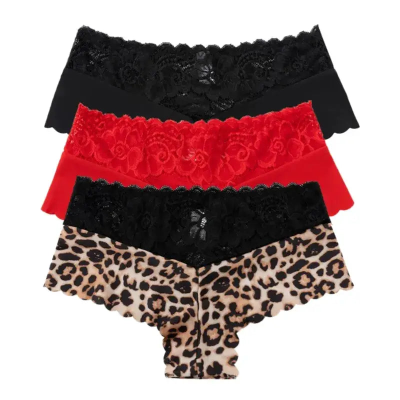 Women's four-piece lace panties set in black, red, and leopard print.