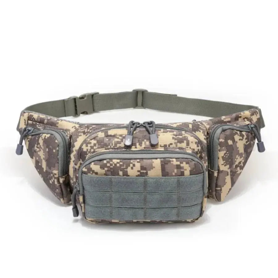 Tactical waist pack in desert digital camouflage with a gray front pocket and adjustable waist belt.