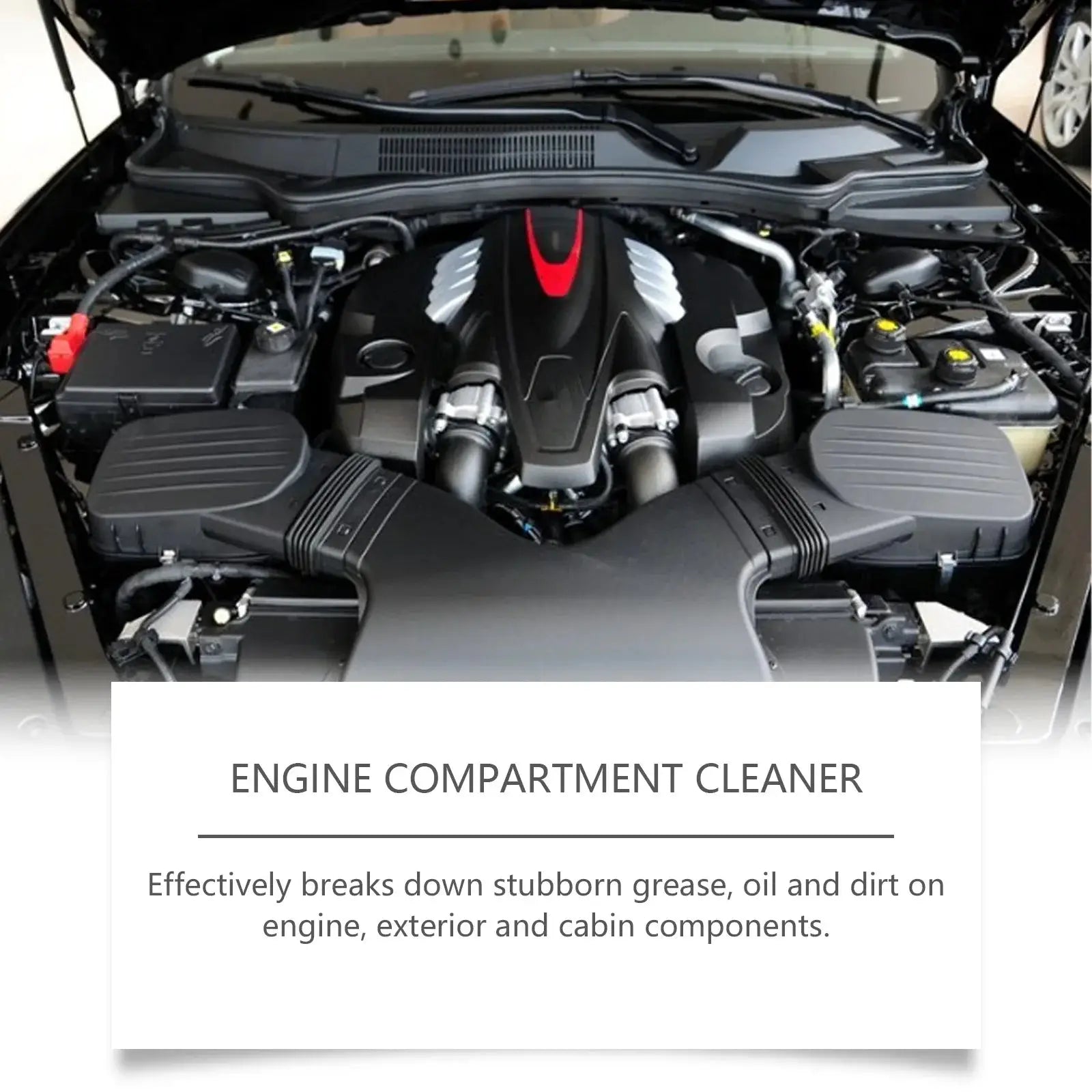 Engine bay cleaner display in a car engine bay with Engine Compartment Cleaner label