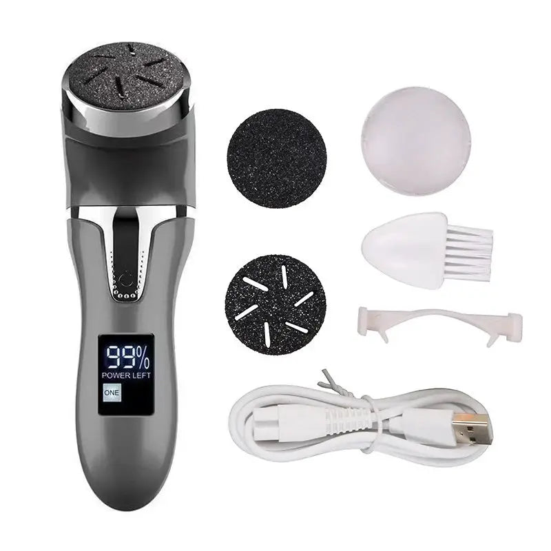 Simples Market gray electric pedicure tool with replaceable grinding discs, cleaning brush, and USB charging cable