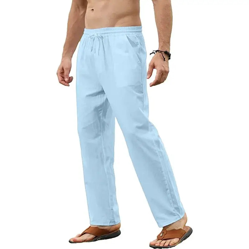 Men's light blue cotton-linen casual pants with drawstring, loose breathable jogger-style trousers