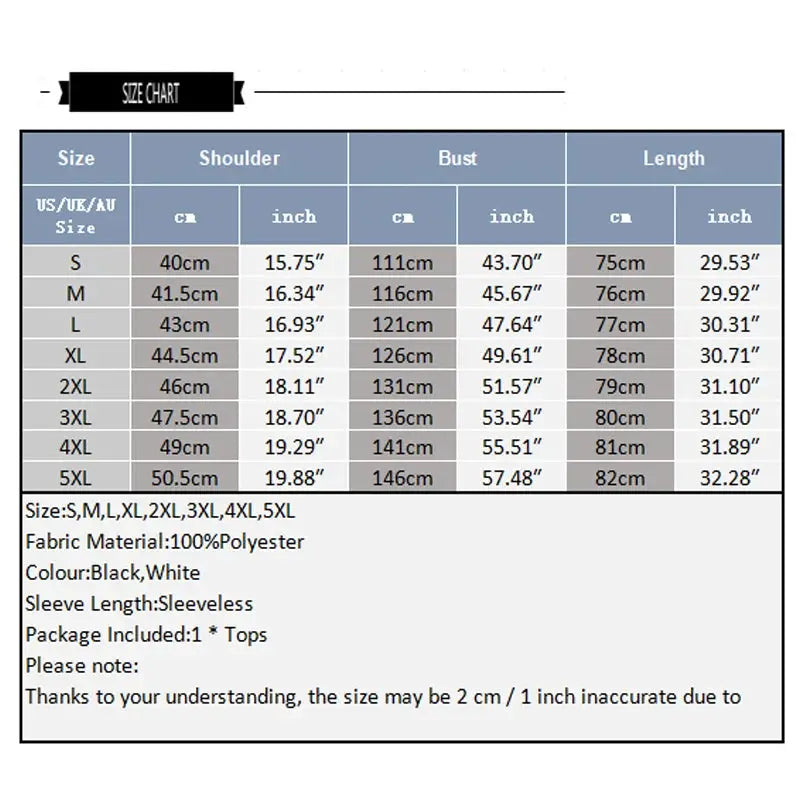 INCERUN men's sleeveless vest size chart; 100% polyester, black/white, sleeveless, sizes S–5XL, package includes 1 top.