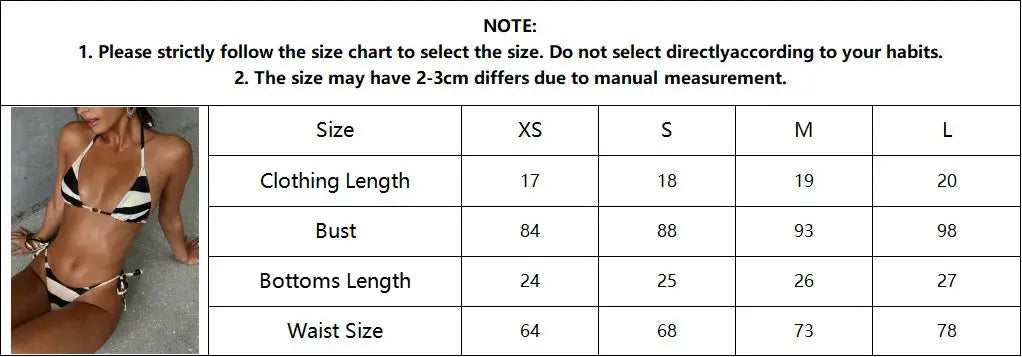 Women's Bikini Set by Simples Market push-up, adjustable tie-side bandage two-piece swimsuit in black/white pattern.
