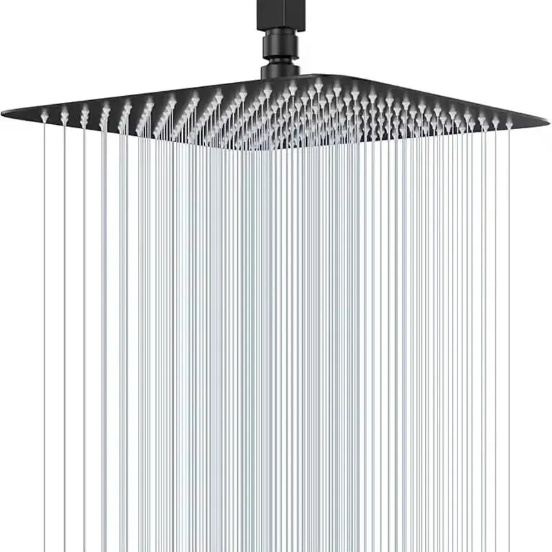 Rainfall shower head, square stainless steel with black mount, large spray