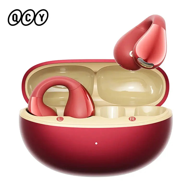 QCY Crossky C30S open-ear wireless earphones in red with charging case