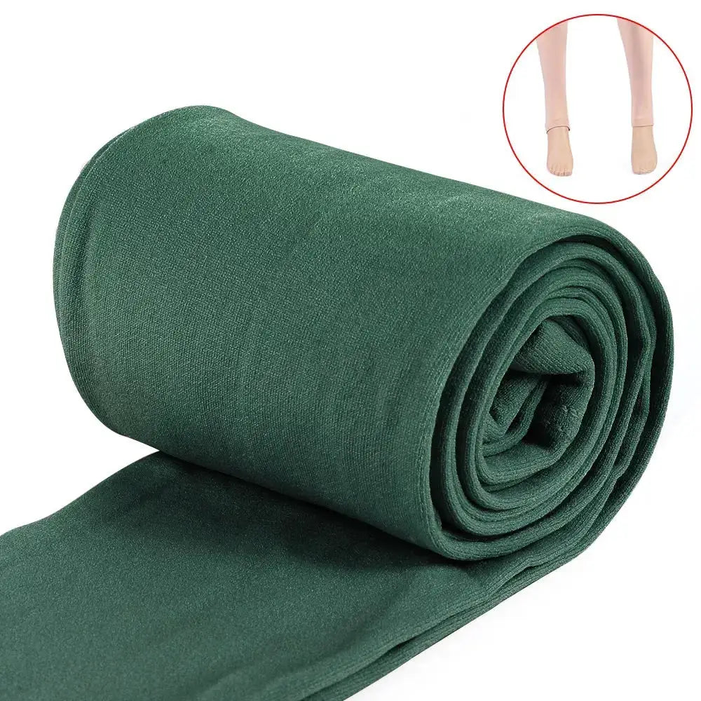 Winter thermal leggings green with plush lining, rolled fabric display