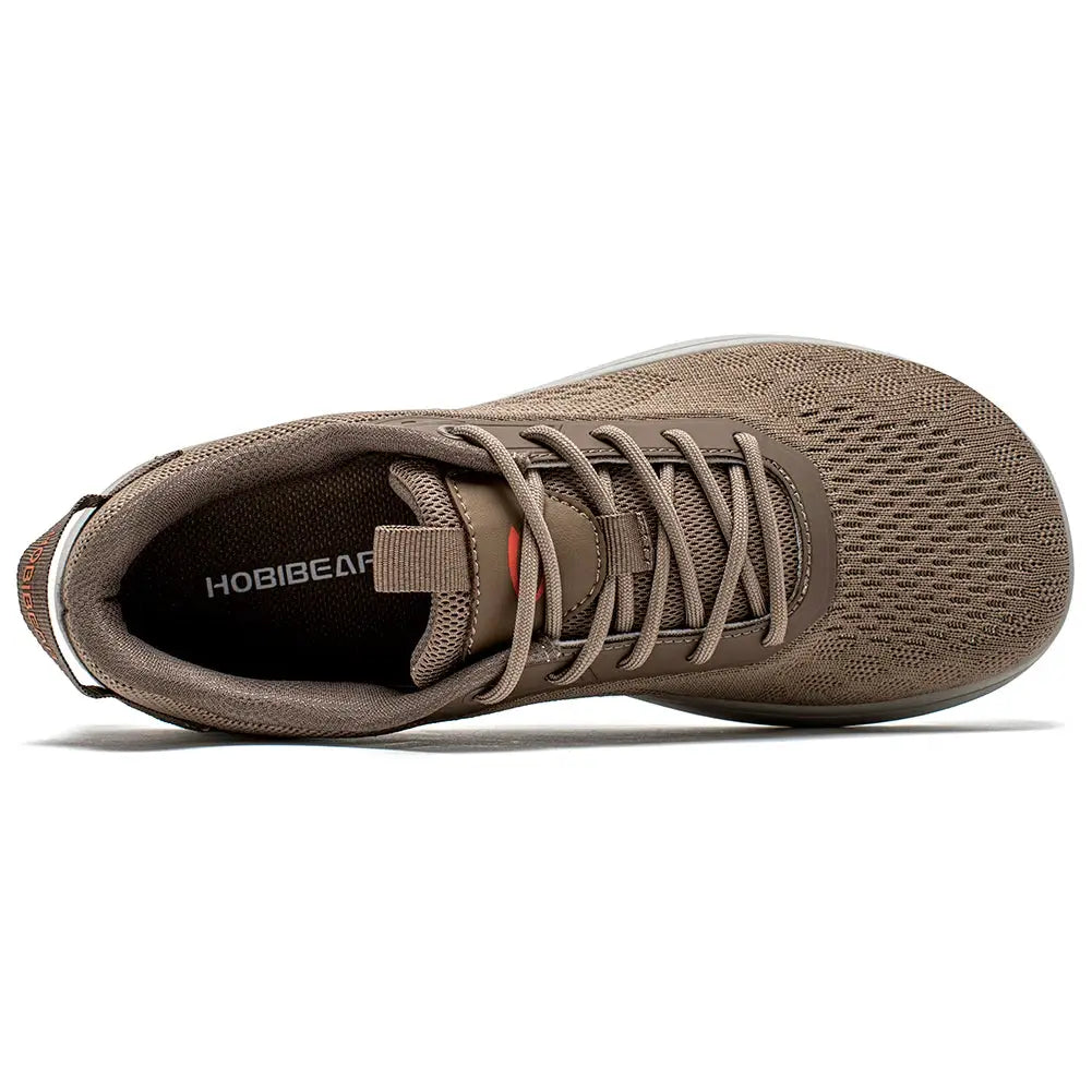 HOBIBEAR knit barefoot shoe, unisex zero-drop wide-toe sneaker in brown breathable mesh.
