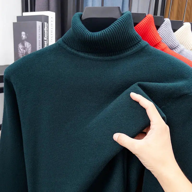 Men's teal knitted turtleneck sweater, slim fit long sleeve, anti-pilling pullover, five color options on display.