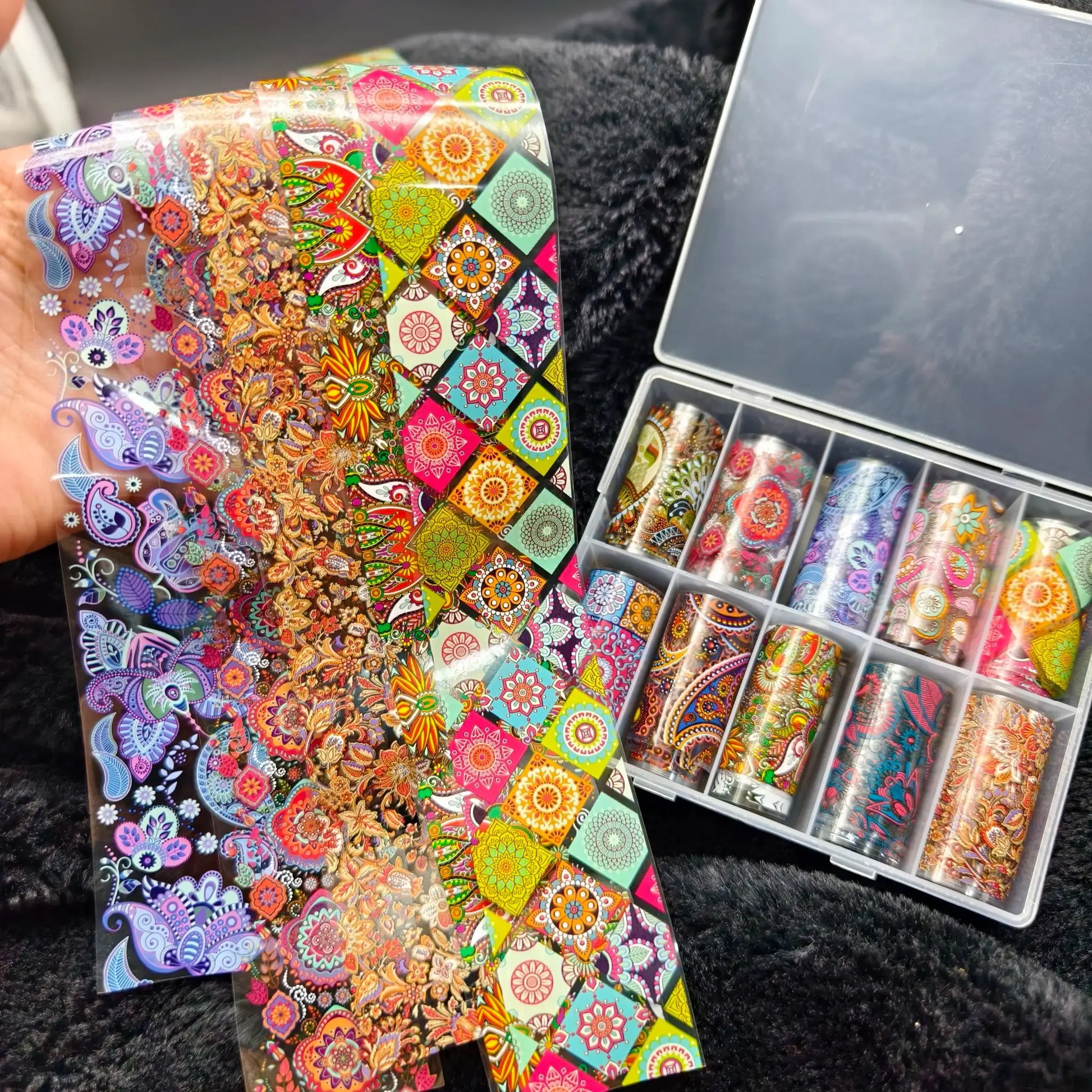 Simples Market 10-roll nail foil set with colorful floral and mandala designs for nail art decals