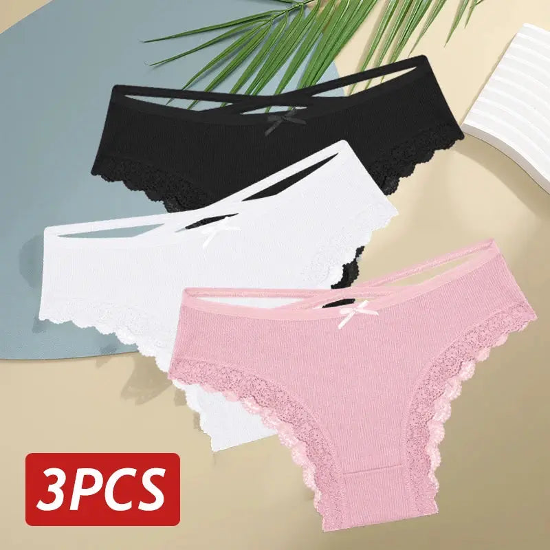 3-piece set of women's cotton lace low-rise panties in black, white, and pink with bow accents by Simples Market