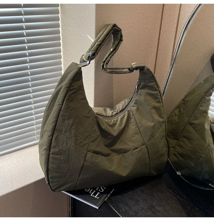 Simples Market olive green soft-cloth shoulder bag, solid color with knotted strap, roomy hobo crossbody