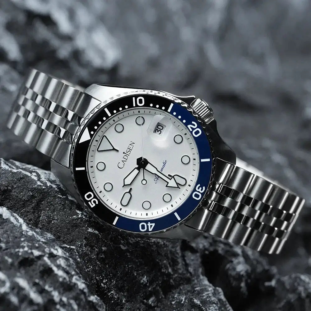 CADISEN men's luminous automatic wristwatch with white dial, ceramic bezel, sapphire glass, stainless steel bracelet