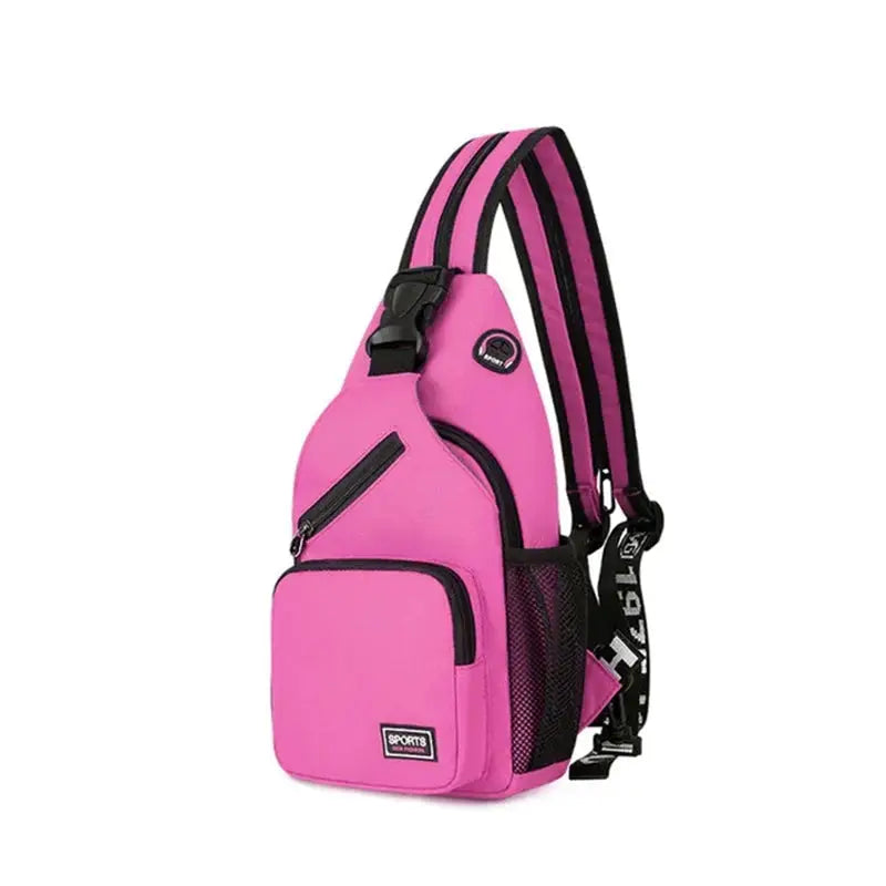 Pink women's chest bag with adjustable strap, black zippers and mesh side pocket.