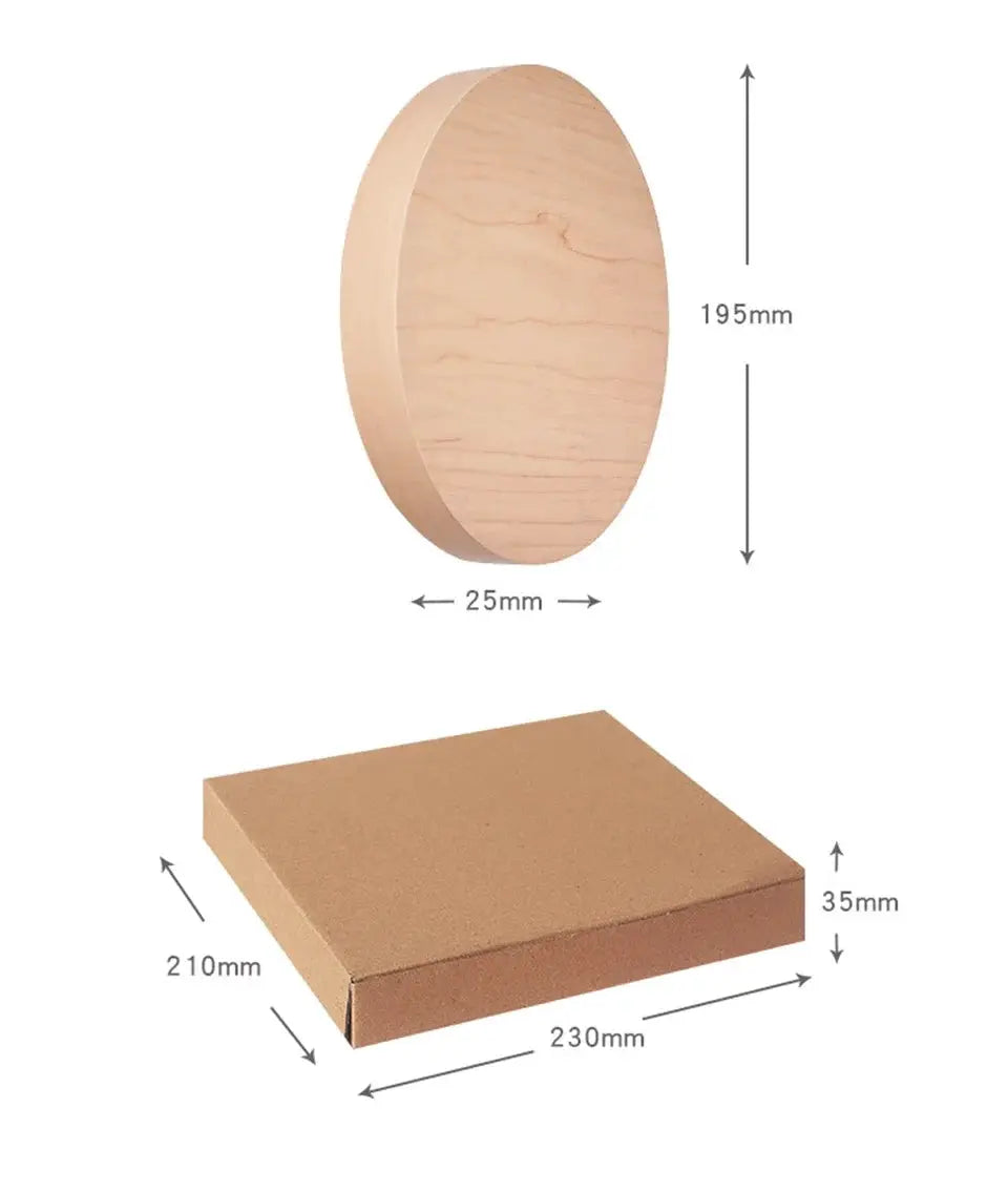 LED digital wall clock packaging: natural wood mounting disk and brown cardboard box (two pieces)