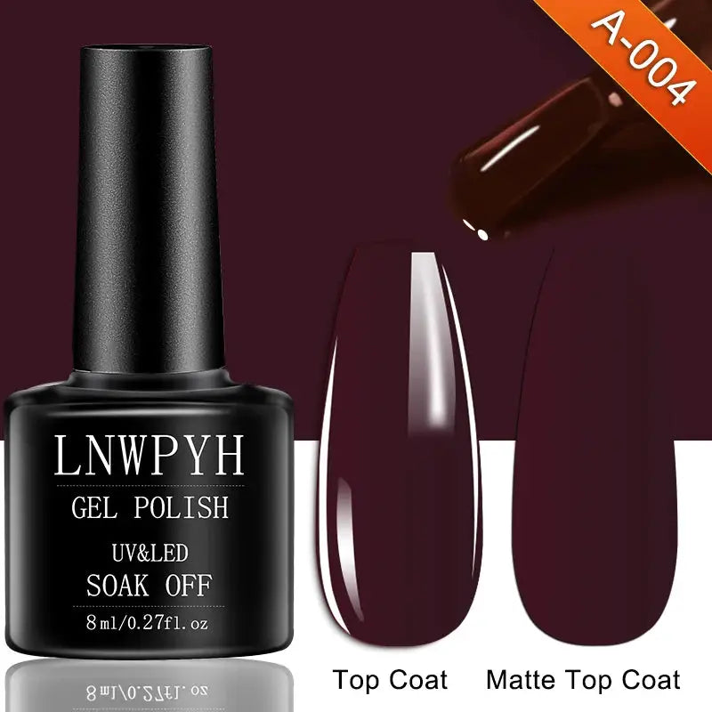 LNVPYH gel nail polish bottle with two burgundy nail swatches, top coat and matte top coat labels, A-004 badge
