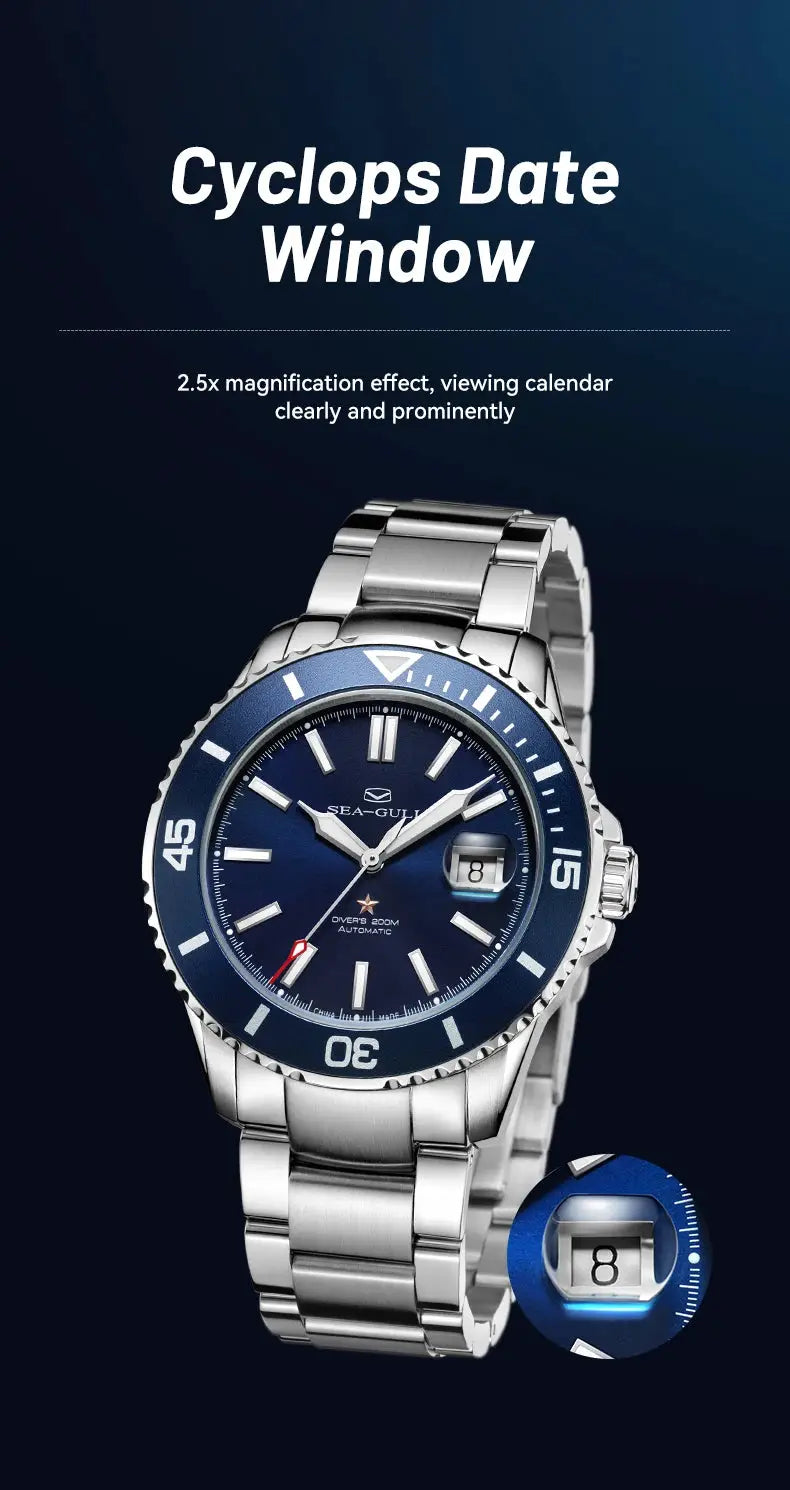 Sea-Gull men's diving watch with blue dial and stainless steel bracelet
