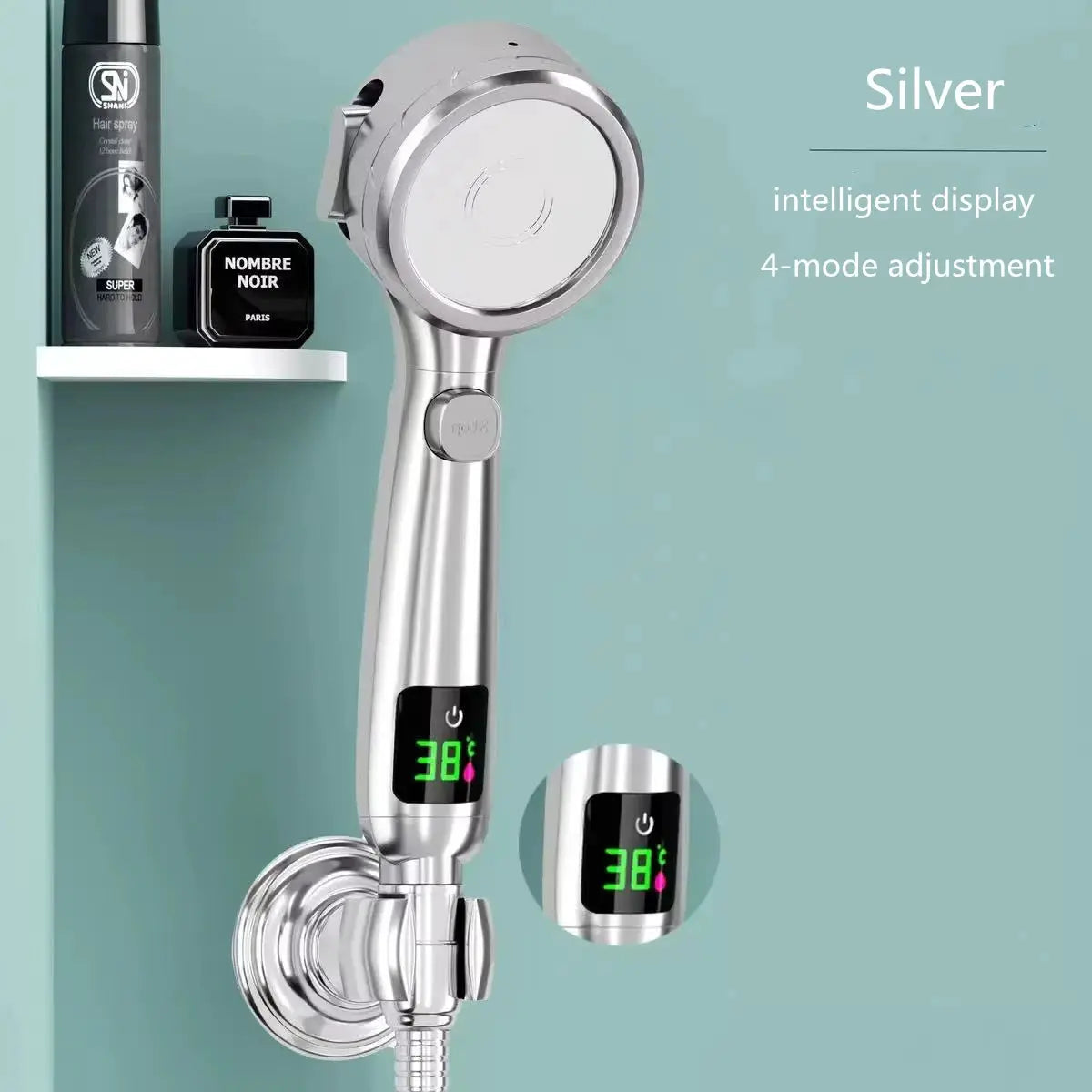 Silver handheld shower head with LED temperature display and 4-mode adjustable spray.