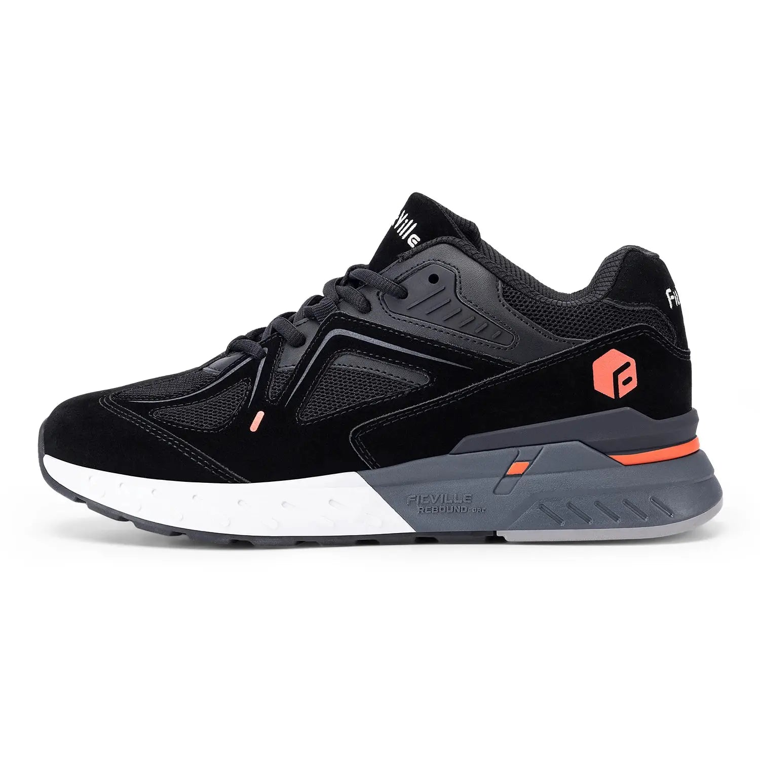 Fittington men's extra-wide walking shoe with black upper, gray midsole, and orange heel accent by Simples Market