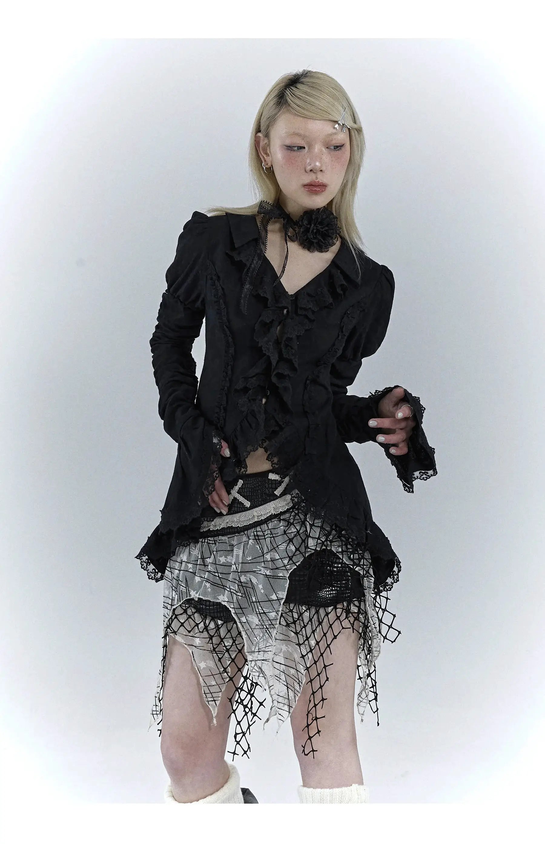 Karrcat Gothic Black Lace Shirt by Simples Market; V-neck with ruffles and long sleeves, paired with fishnet skirt