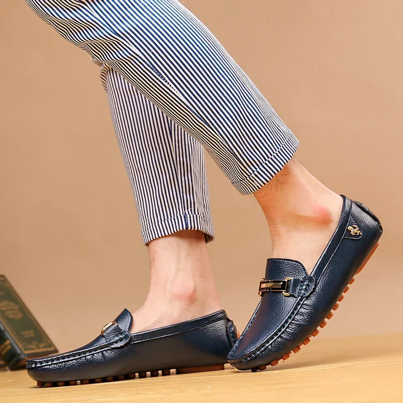 YRZL Shoes men's navy PU leather loafers, slip-on driving moccasins with gold buckle