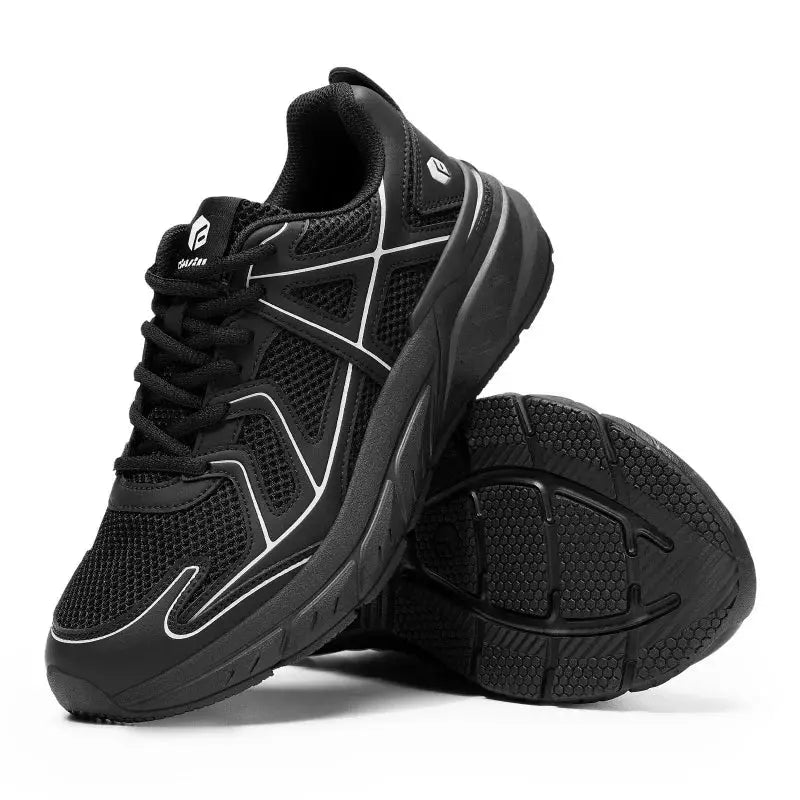 Fitville men's walking shoes with black mesh upper, wide width, cushioned thick sole.
