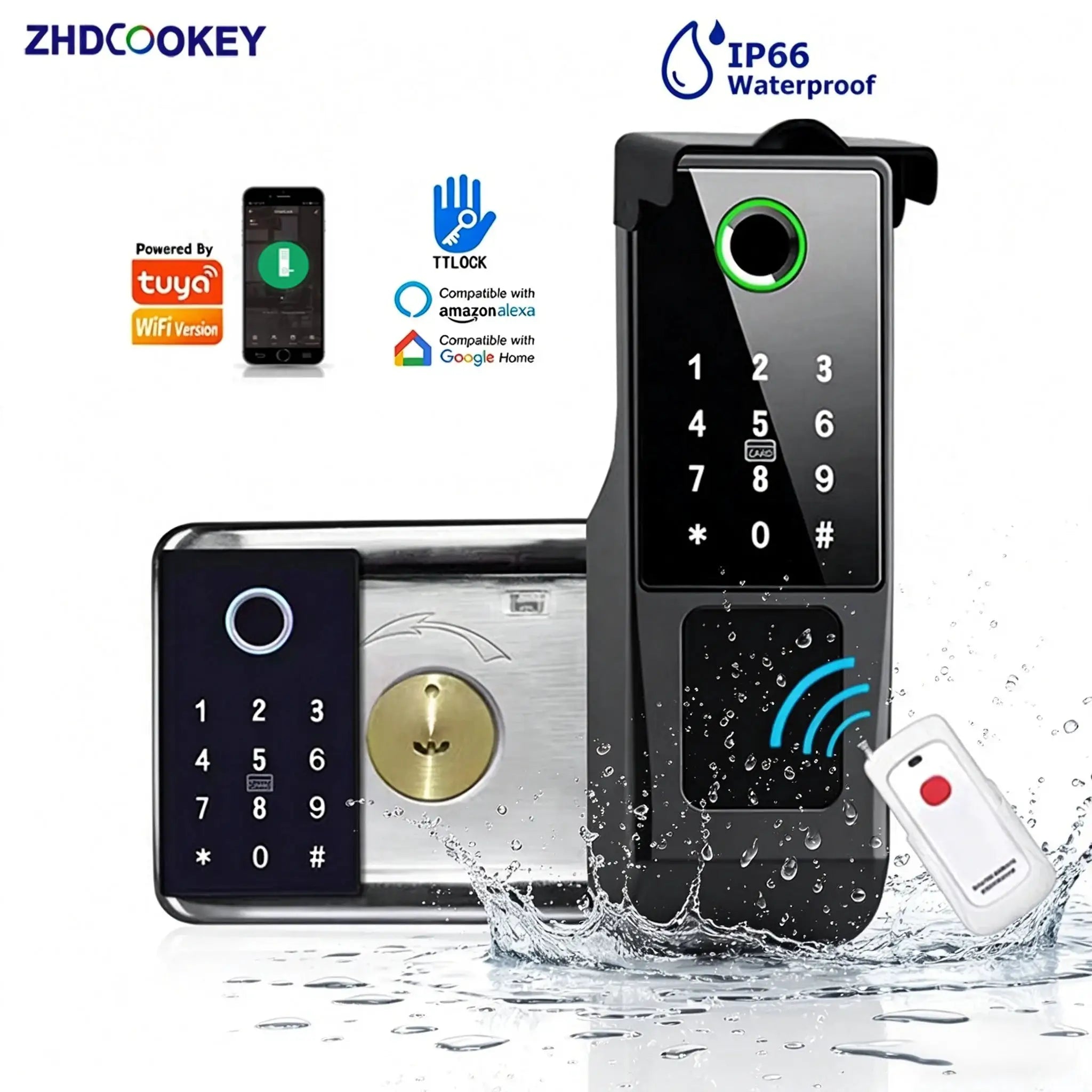 ZHDCookey Tuya WiFi double-sided fingerprint door lock with keypad, IP66 waterproof for outdoor use