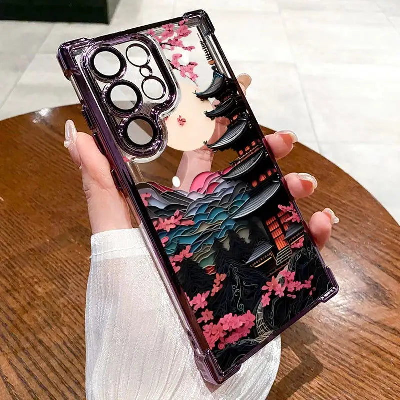 Simples Market phone case for Samsung Galaxy with Japanese-Style airbag design in purple, pagoda and cherry blossoms.