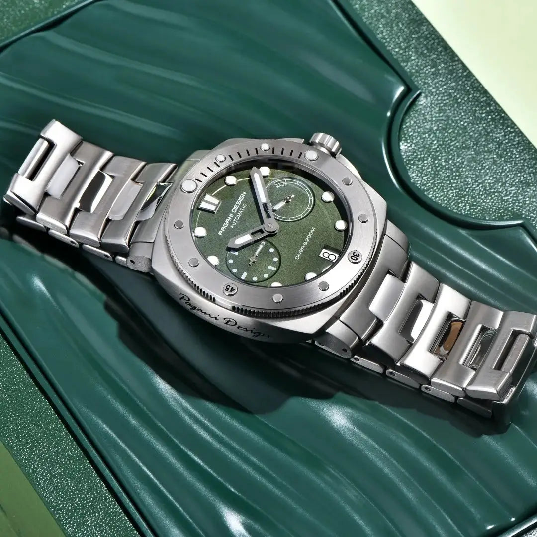 Pagani Design men's automatic wristwatch with green dial and stainless steel bracelet