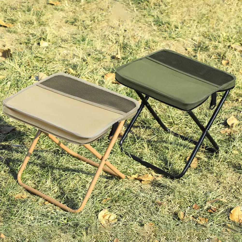 Folding stools by Simples Market, 2 portable shoulder-bag seats for outdoor camping and hiking, beige and green.