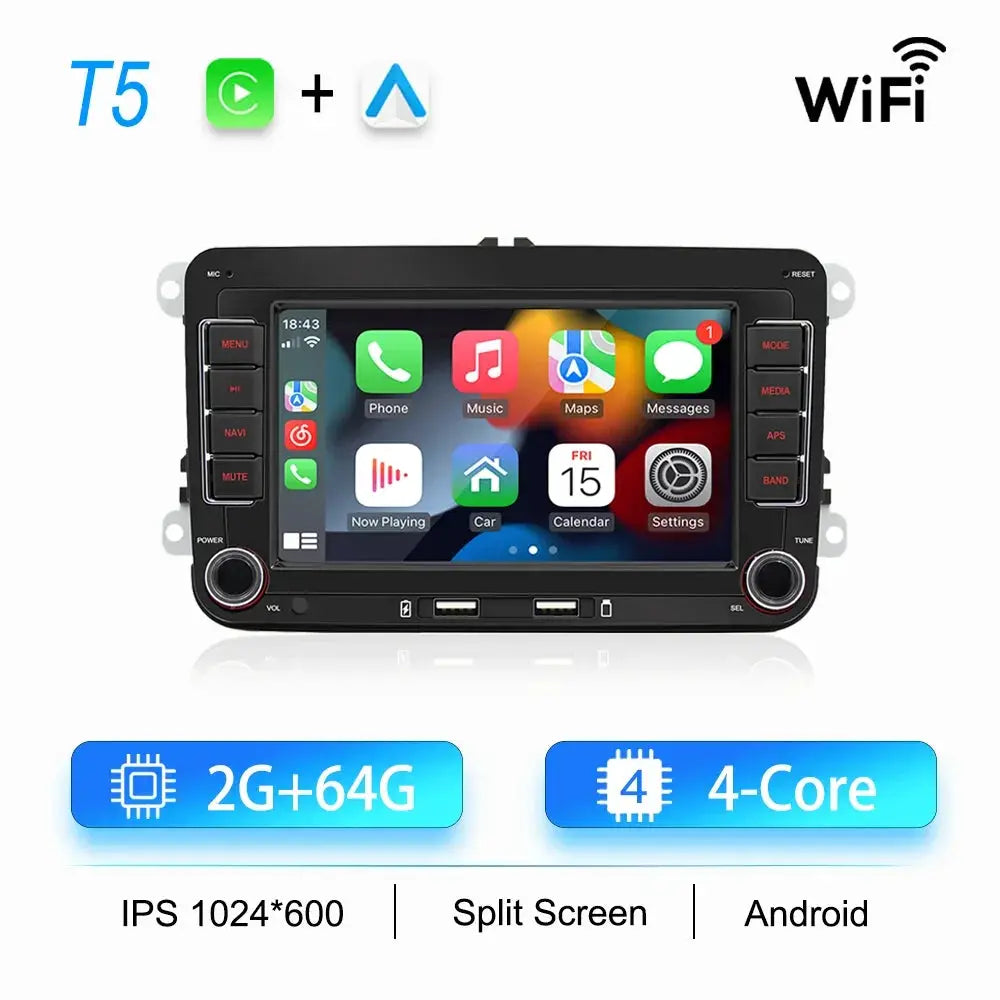 Simples Market 2Din Android car radio; black dual-DIN head unit, 4-core, 2G+64G, IPS 1024x600, split screen, CarPlay, GPS