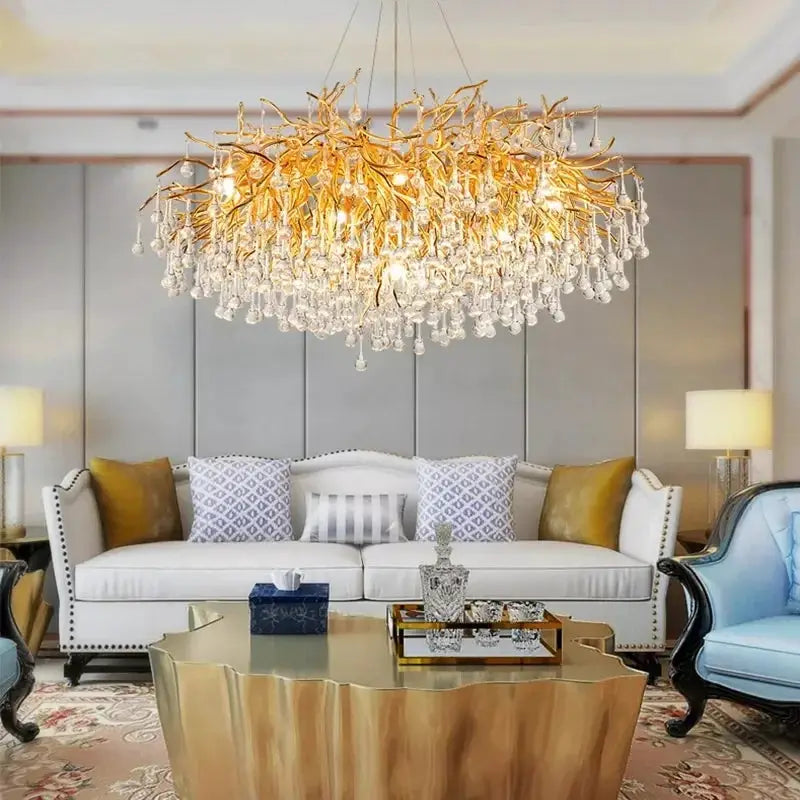 Royal Nordic luxury crystal chandelier with gold chrome branches and water-drop crystals for living room
