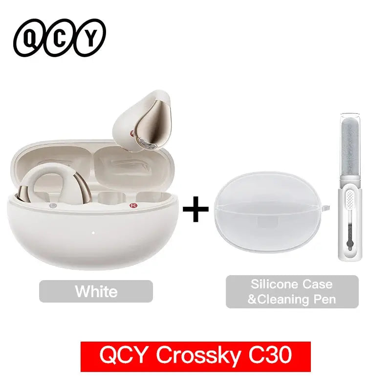 QCY Crossky C30 earclip wireless earbuds in white with charging case, plus silicone case and cleaning pen (2 items)
